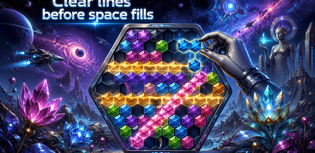 Orbital Gems: Link Puzzle key art showing chrome gemstone blocks on a glowing hexagonal grid in deep space